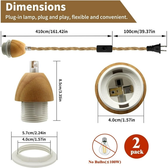 YJYASX-Vintage Hemp Rope Pendant Light Fixtures, 2PCS Rustic Hanging Lights with 16.7FT Plug in Cord, Retro Wood Pendant Light Cord Kit, E26 E27 Light Socket Hanging Plug in Light Fixture, for Farmho