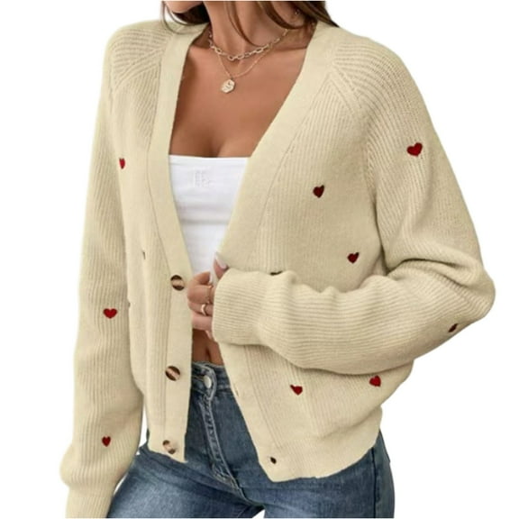 Women's Fall Winter Heart Pattern V-Neck Casual Simple Style Cardigan Sweater Open Front Long Sleeve Knit Wrap Winter Clothes,Beige,Size L
