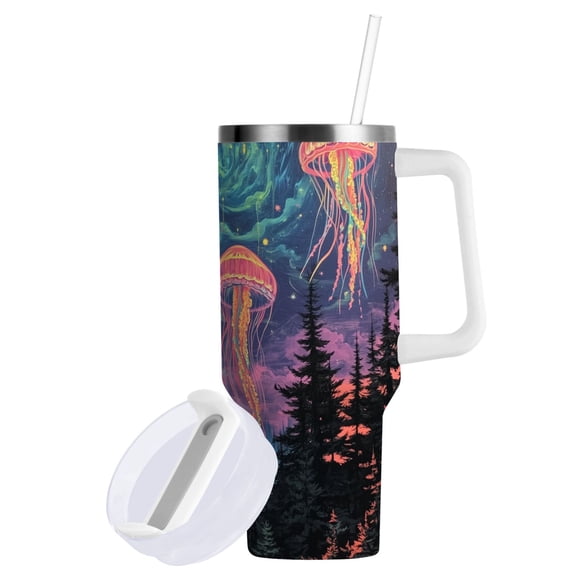 Yayeee 40oz Stainless Steel Tumbler with Straw and Handle Double-Wall Insulated Travel Water Bottle, Psychedelic Jellyfish