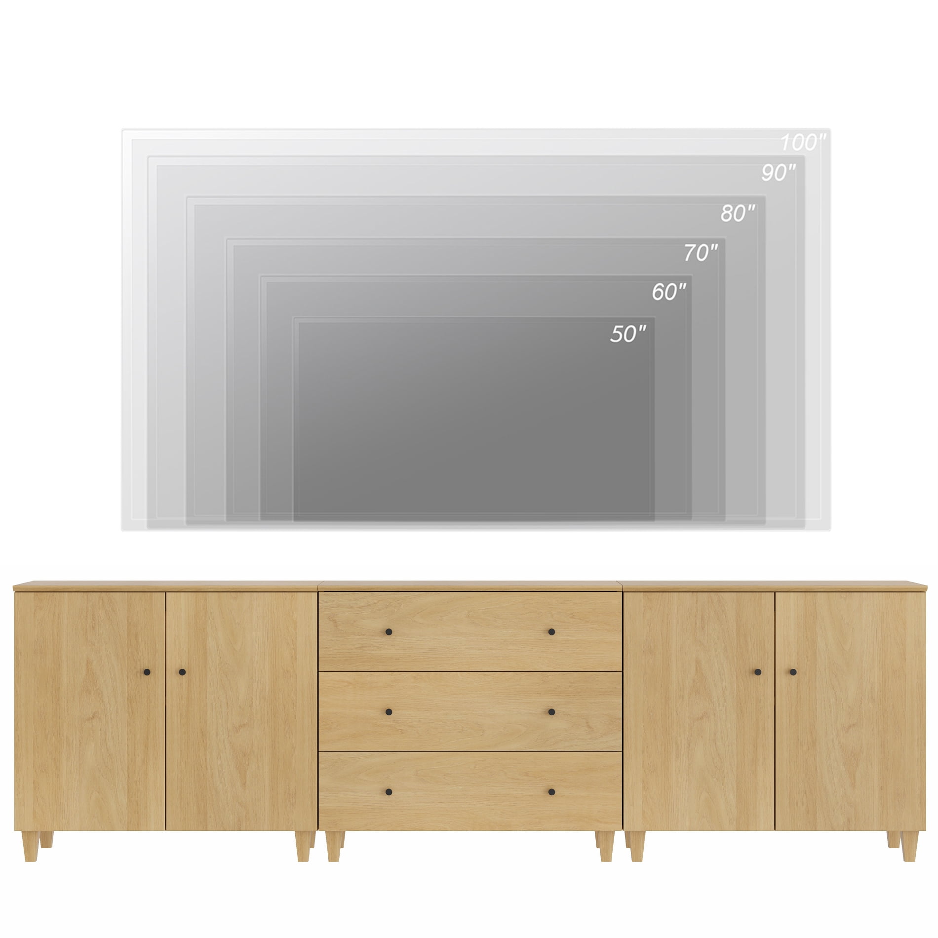 WAMPAT Wide TV Stand for 100+ Inches TVs, 3-in-1 Modern Wooden Media Console with 3 Spacious Drawers and 2 Storage Cabinets for Living Room, Oak