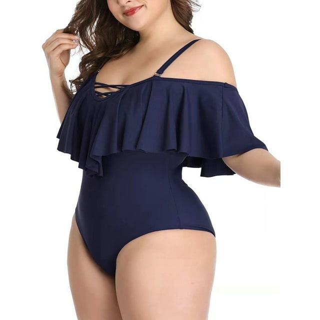 S-5XL Plus Size Swimwear Ruffled One Piece Swimsuit off the Shoulder Bathing Suit