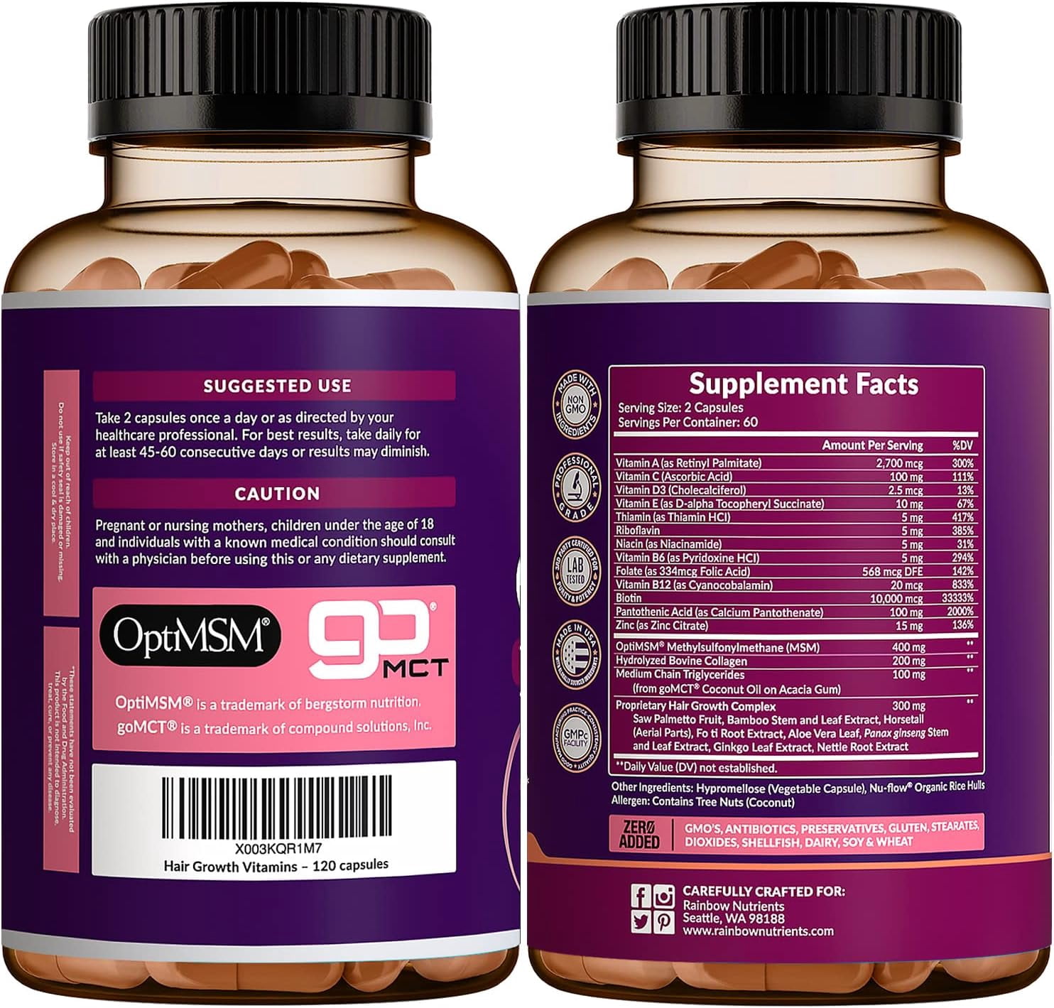 Hair Growth Vitamins for Women , Biotin 10,000mcg, Collagen, Patented OptiMSM , goMCT , Saw Palmetto , Naturally Regrow Stronger & Healthier Hair, Skin and Nails , Stops Hair Loss , 60 Day Supply