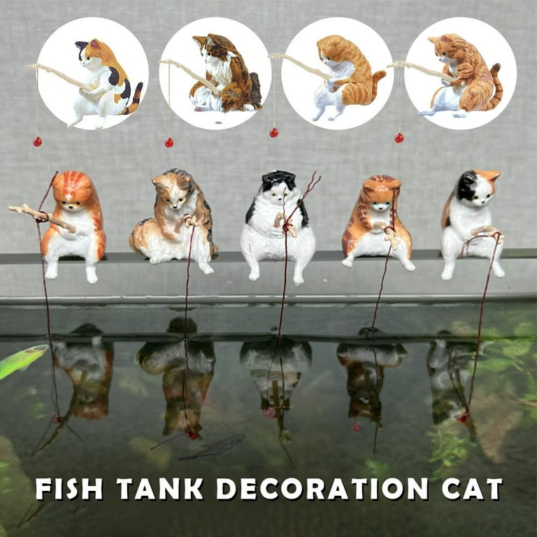 Fish Tank Decoration Decorative Fishing Cat Sculptures Fish Tank Ornament,  Cat Fishing Vivid Shape DIY Aquarium Cat Fishing Ornament 
