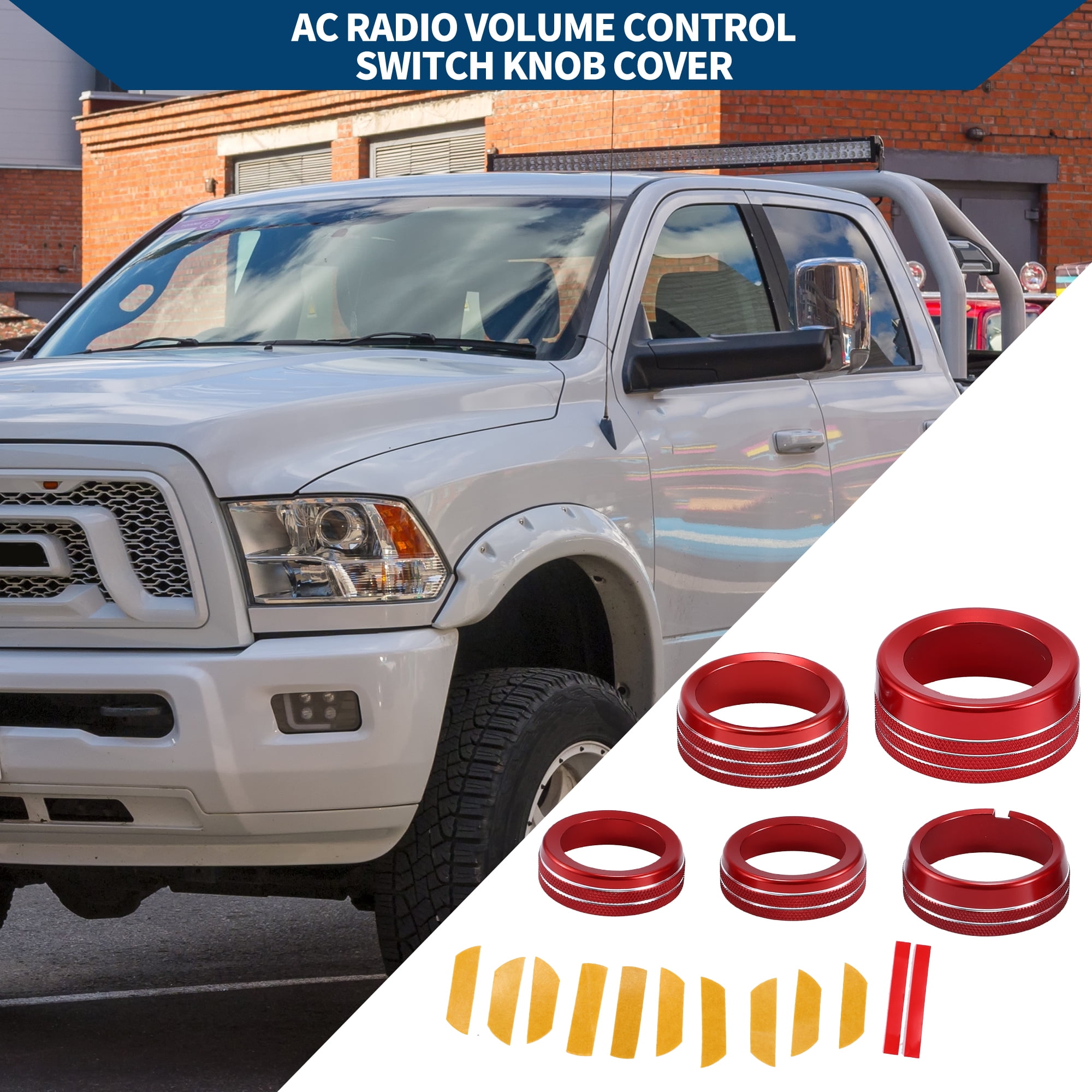 Unique Bargains AC Gear Shift Headlight Media Knob Cover Interior Trim for Dodge for RAM 13-17 Aluminum Alloy Red 5 Pcs