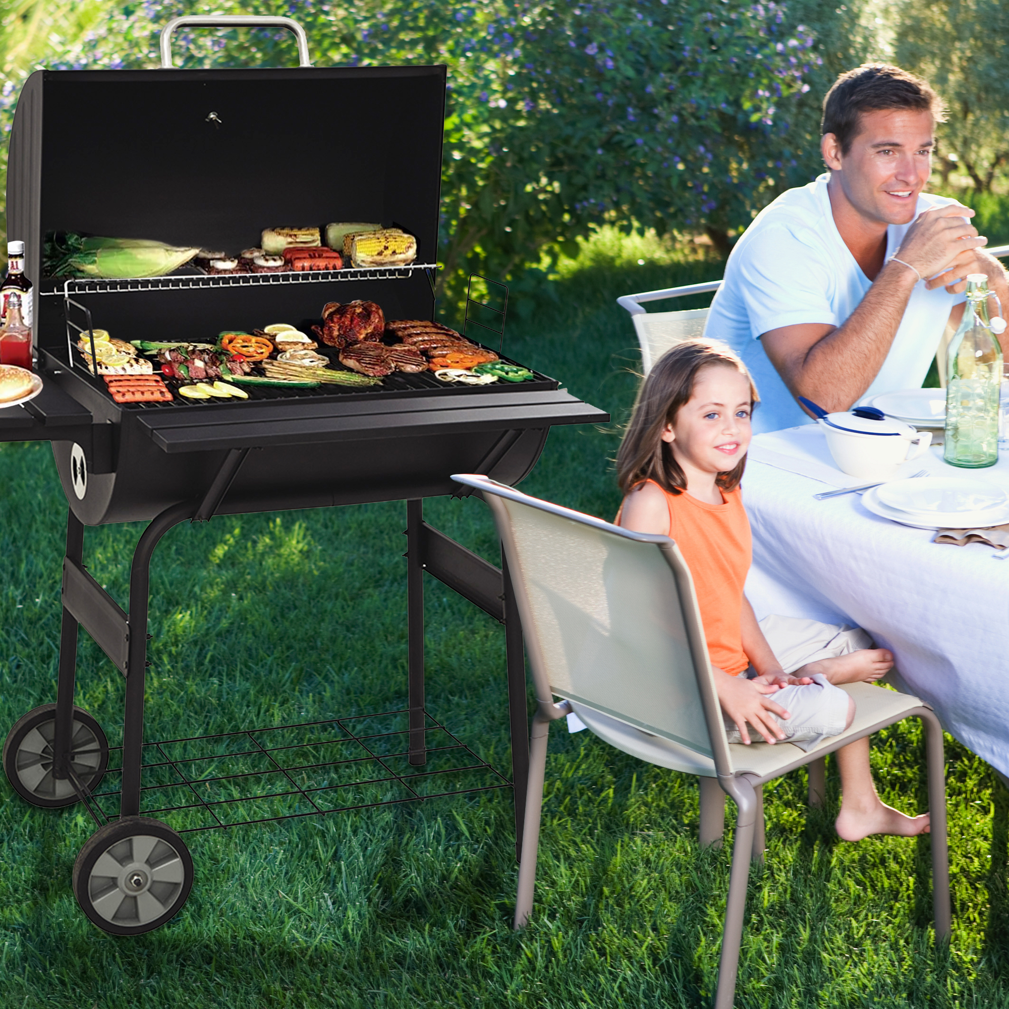 Patio Outdoor Charcoal Grill for Patio, 30'' Portable BBQ Charcoal Grill with Metal Shelf, BBQ Charcoal Grill w/Temperature Gauge and Metal Grate, Cooking Grate for Steak Chicken, SS1062 - image 2 of 8