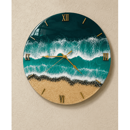 Handmade Resin Ocean Wave Wall Clock, Silent Non-Ticking Decorative Beach Theme Wall Clock with Roman Numerals for Living Room, Bedroom & Office