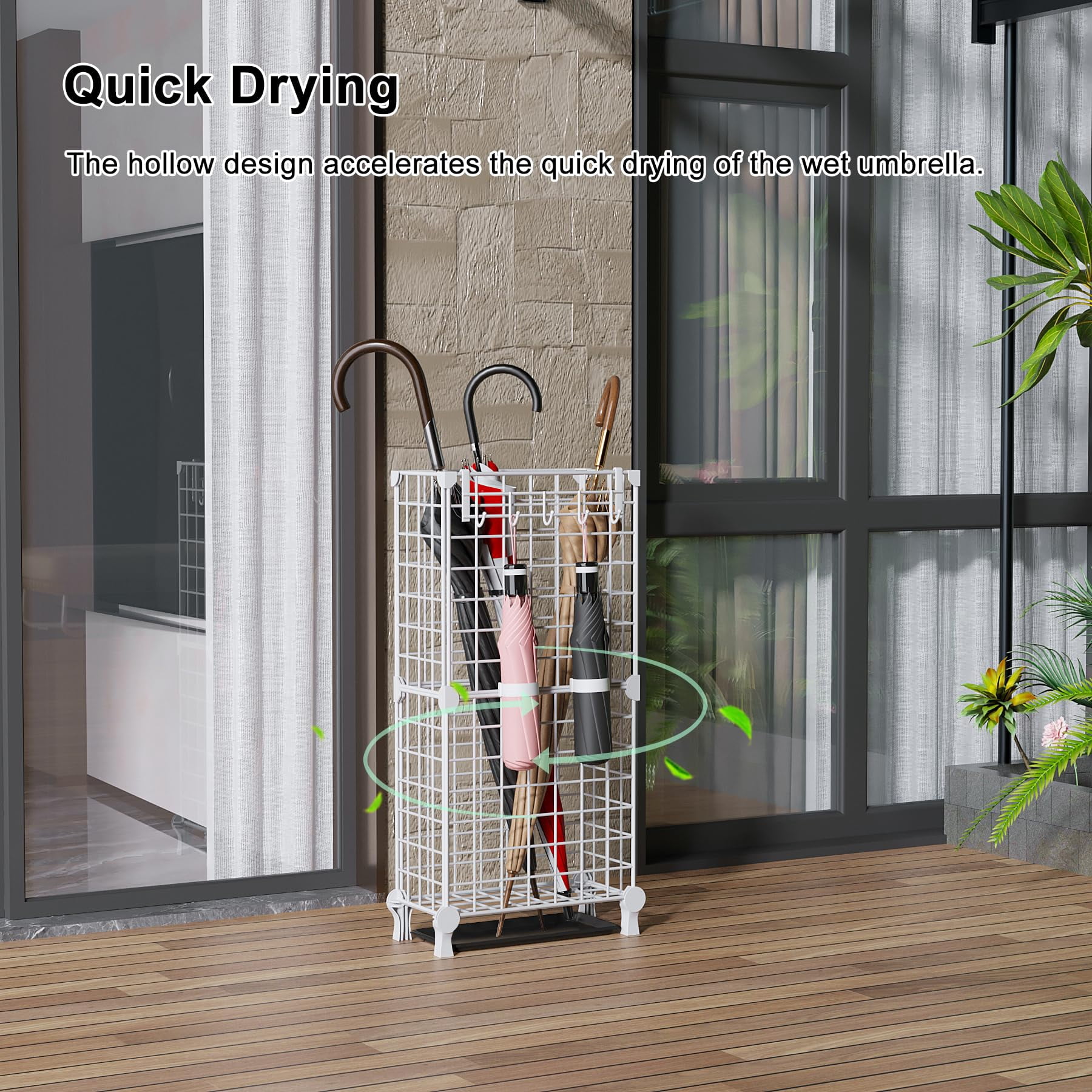Umbrella Holder Entryway  Stand Freestanding Metal Square Rack Organizer With A Removable Drip Tray Hooks White