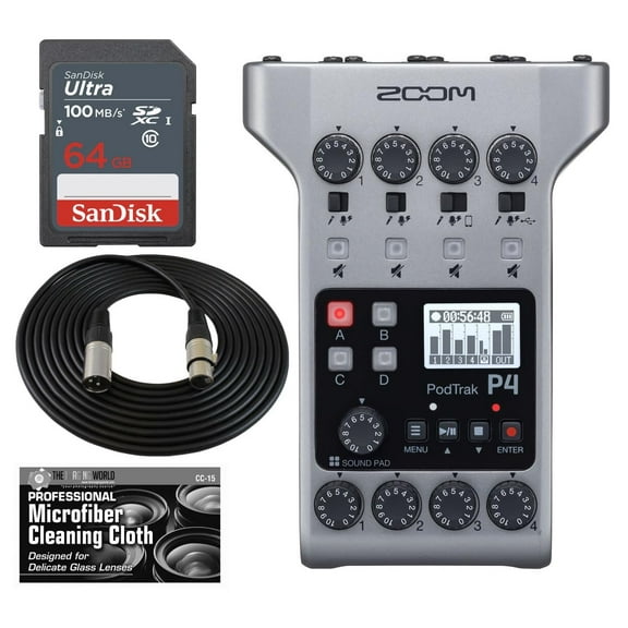 Zoom PodTrak P4 Podcast Recorder with 4 Microphone Inputs, 4 Headphone Outputs, Phone and USB Input for Remote Interviews   64GB Card   Extra SLR Cable