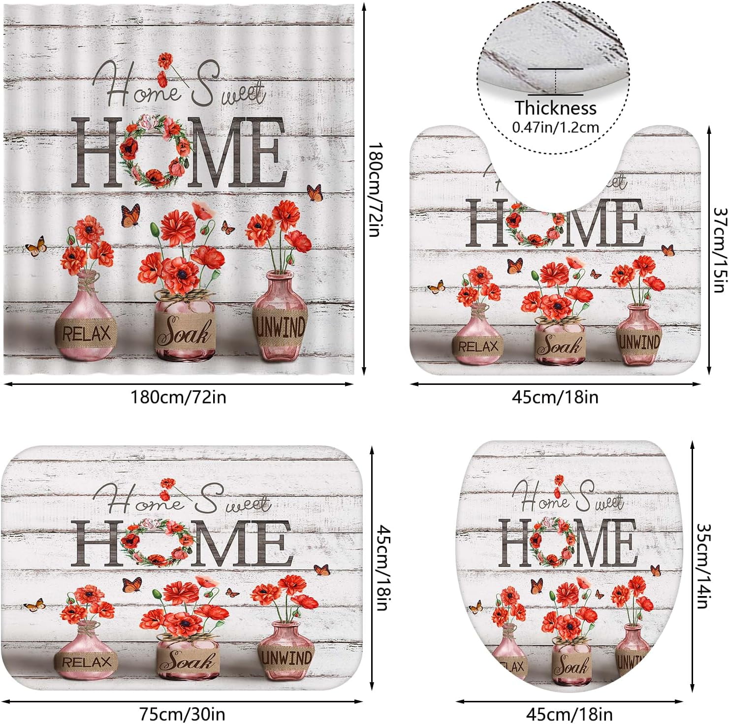 4PCS Farmhouse Shower Curtain Sets for Bathroom, Green Eucalyptus Rustic Bathroom Set with Shower Curtain and Rugs, Country Style Home Sweet Home Vintage Bathroom Decor Accessories