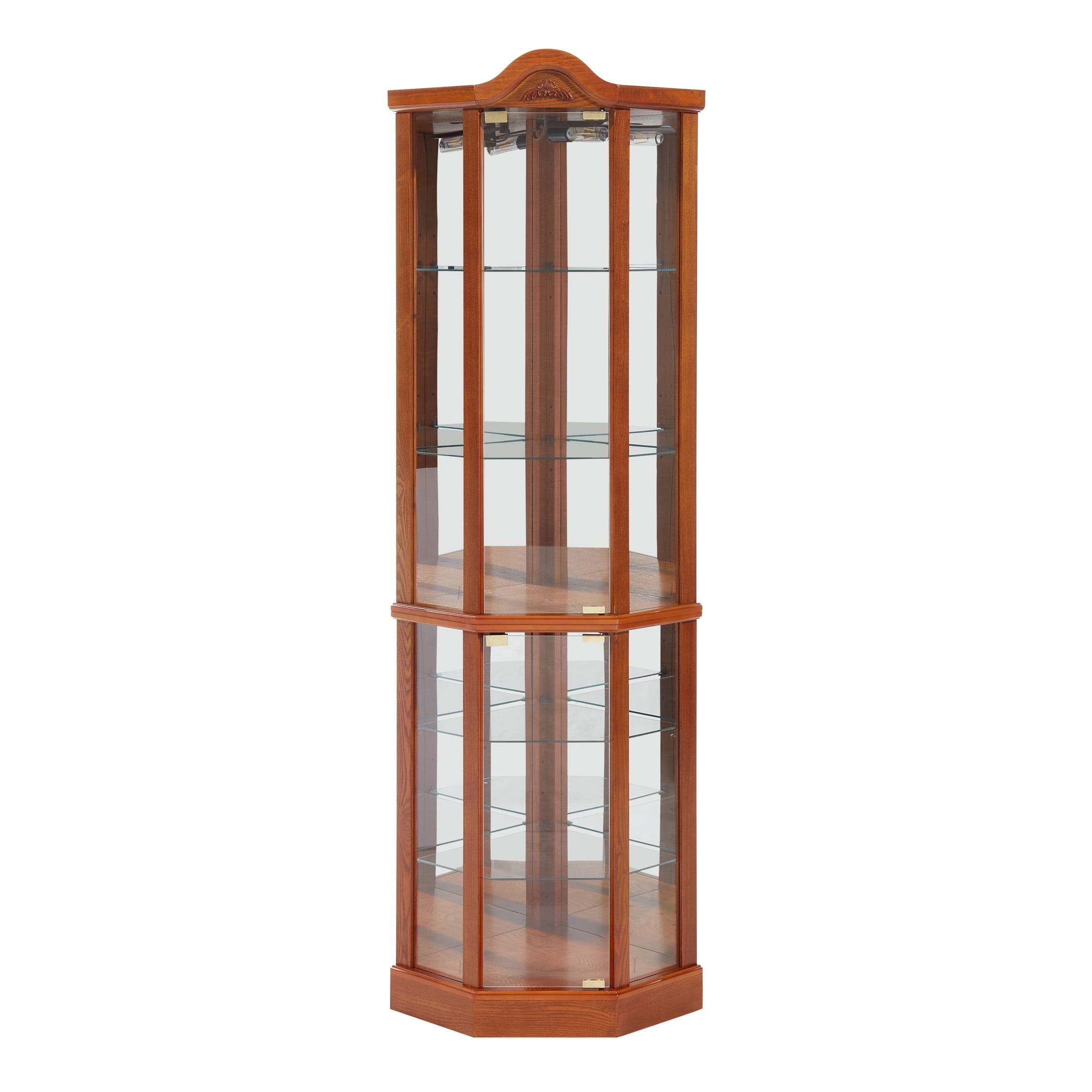 Aukfa Glass Storage Cabinet, Lighted Corner Curio Cabinet with Adjustable Shelves, Oak