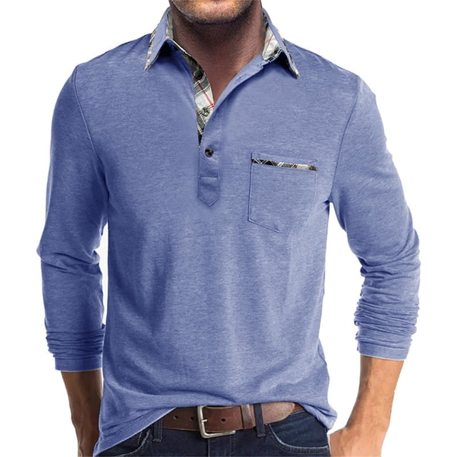 Camisa informal de manga larga a cuadros para hombre: color en contraste, tejido transpirable, tapeta de tres botones con bolsillo en el pecho