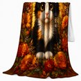thumbnail image 2 of Black and White Kitten among Orange Autumn Flowers, Warm Folk Art Style for Cat Lovers, Fall Floral Pet Portrait and Birthday Gift, Cozy Flannel Blanket for Living Room and Bedroom, Home Decor, 2 of 9