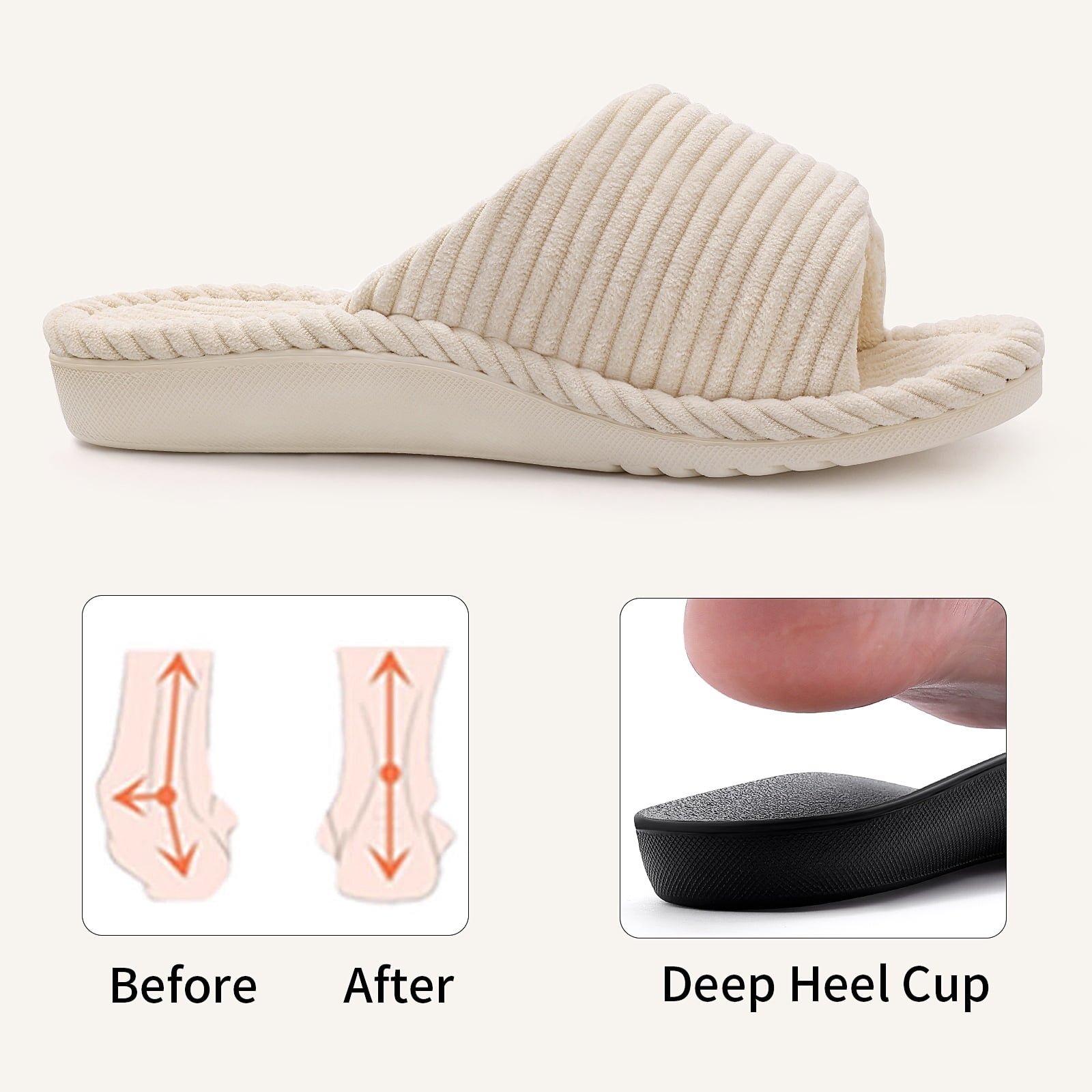 Litfun Orthotic Slippers for Women Adjustable Corduroy House Slippers Arch Support Slide Slippers, Beige, Size 8-8.5