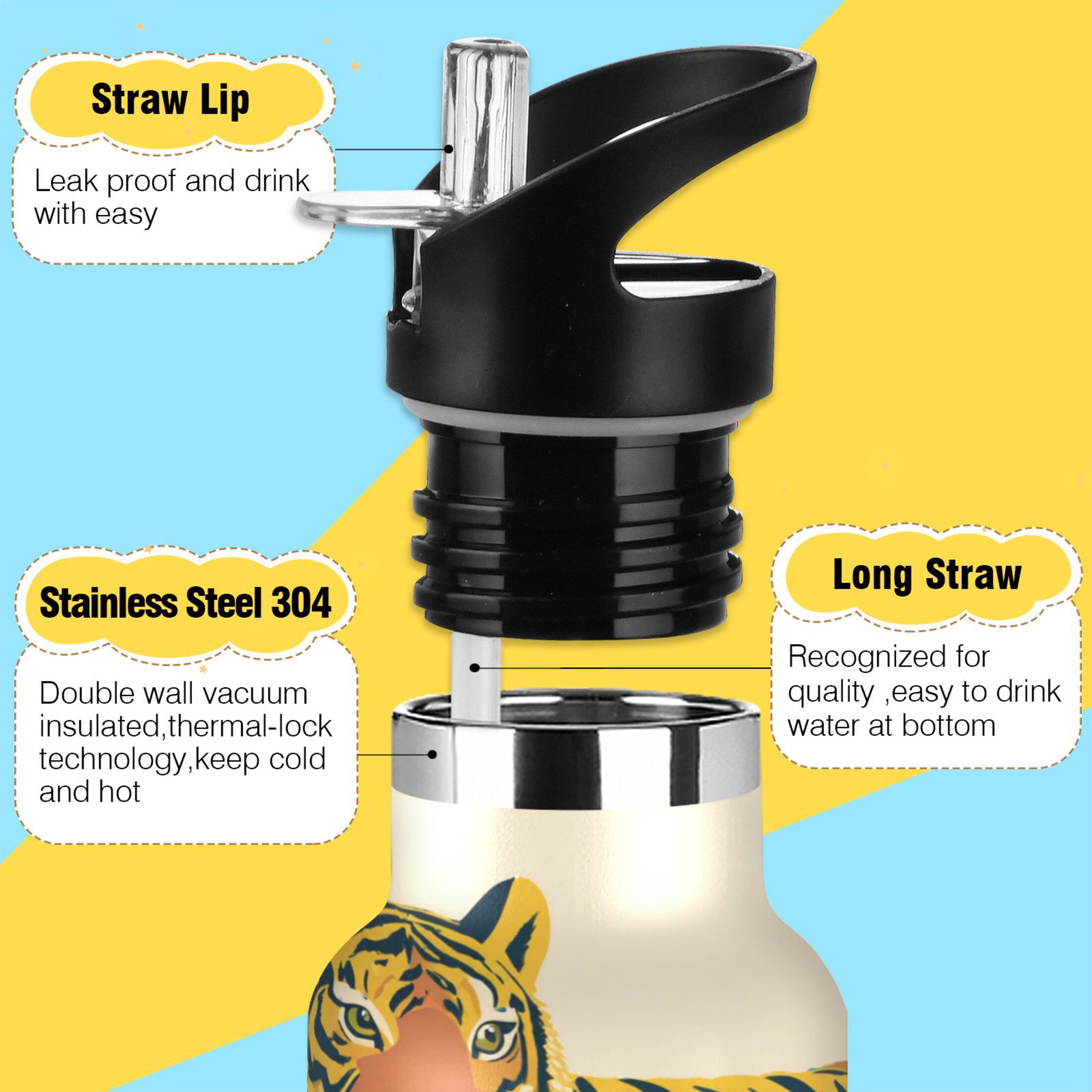 600ML Stainless Steel Insulated Cup Sports Water Bottle Portable Thermos Cup Water Glasses Insulated Tumblers Convenient and Durable Yellow Tiger