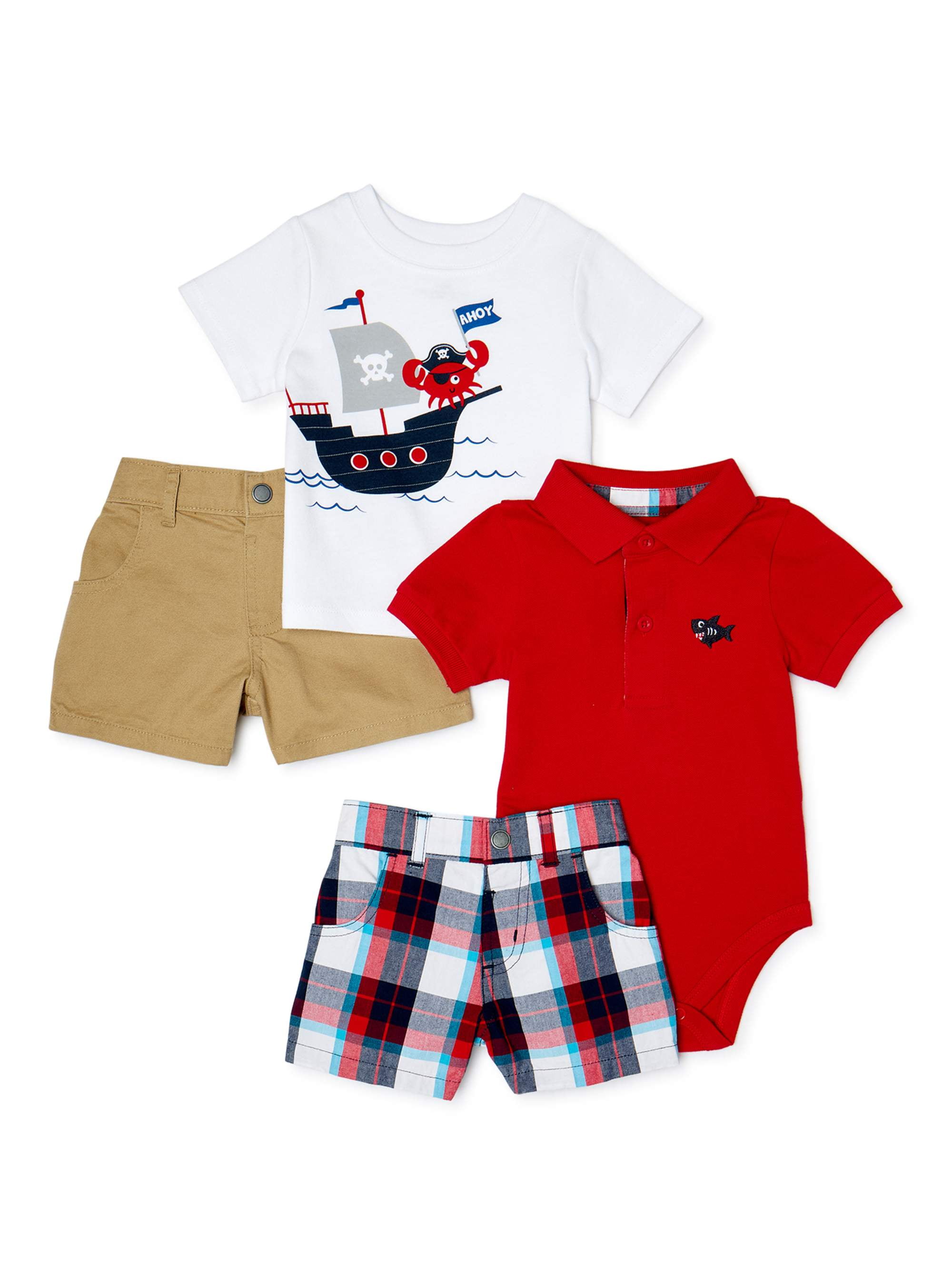 Garanimals Baby Boy T-Shirt, Polo Bodysuit & Shorts, 4pc Outfit Set ...