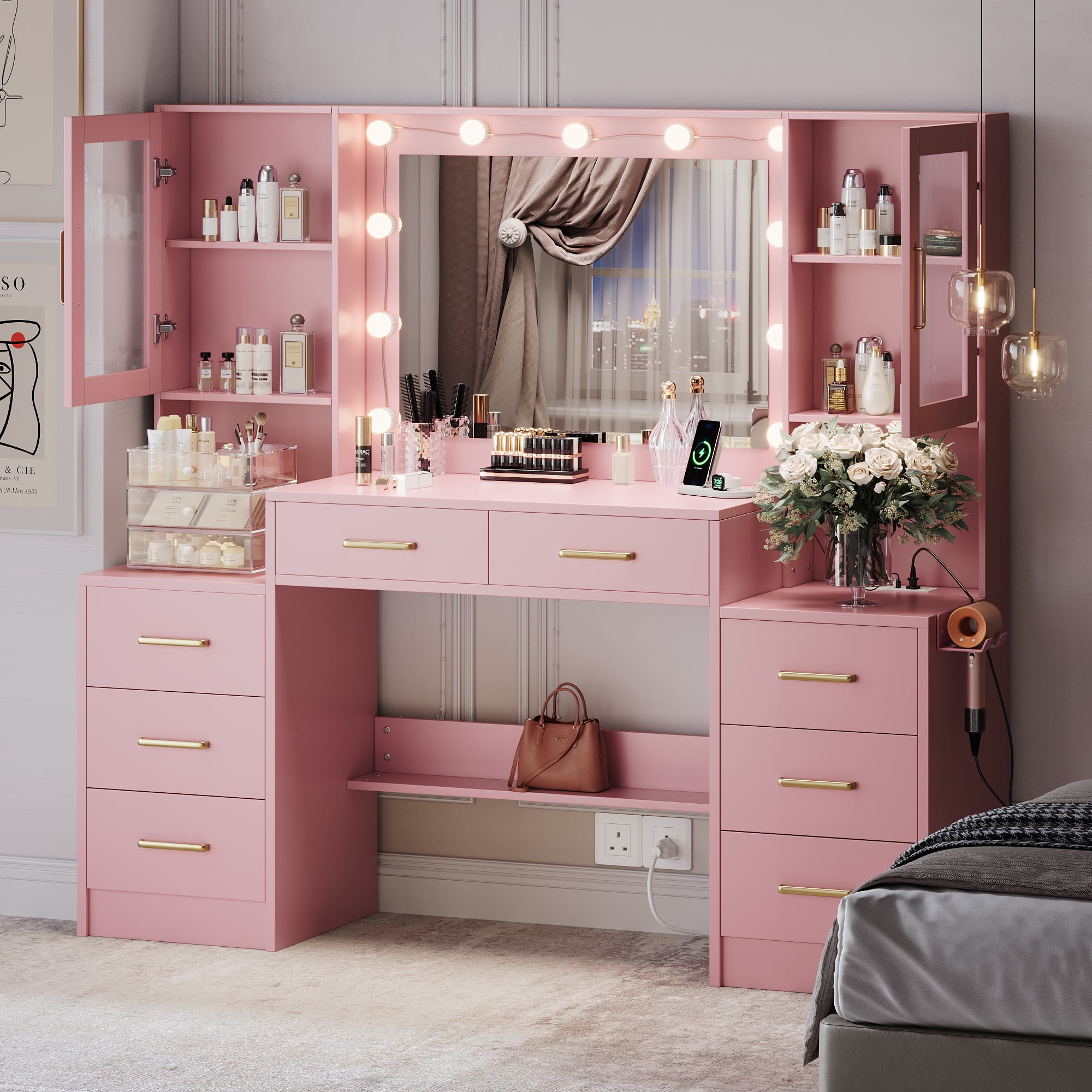 UGTOO Pink Vanity Desk with LED Lights – 8-Drawer Makeup Table, 2 Cabinets & Power Outlets (58.27"L x 15.75"W)