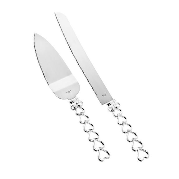 Heart to Heart collection silver metal cake server and knife set
