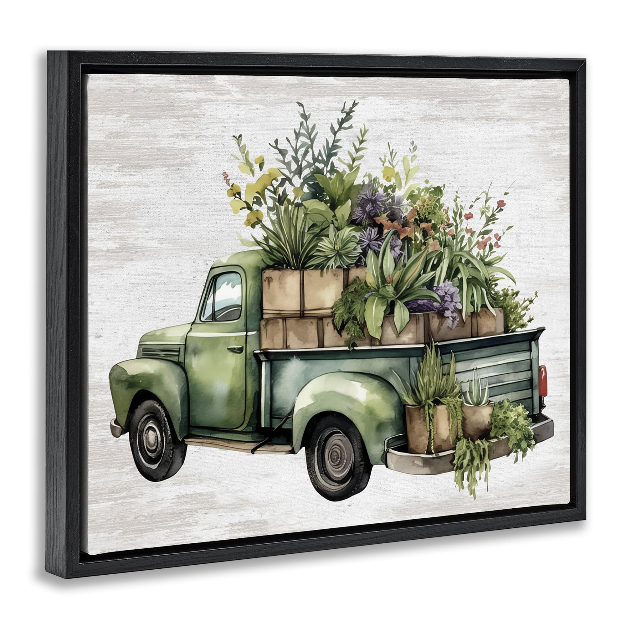 Stupell Industries Greenery Filled Truck Transportation Painting Black Floater Framed Canvas Art Print Wall Art, 21 x 17