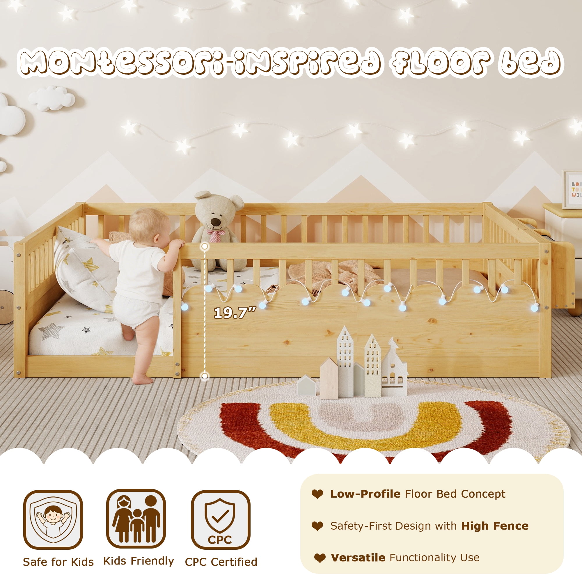 Full Size Toddler Floor Bed Frame, Montessori Floor Bed with Guardrails, Pine Wood Bed Frame for Kids, No Slats Included, Natural
