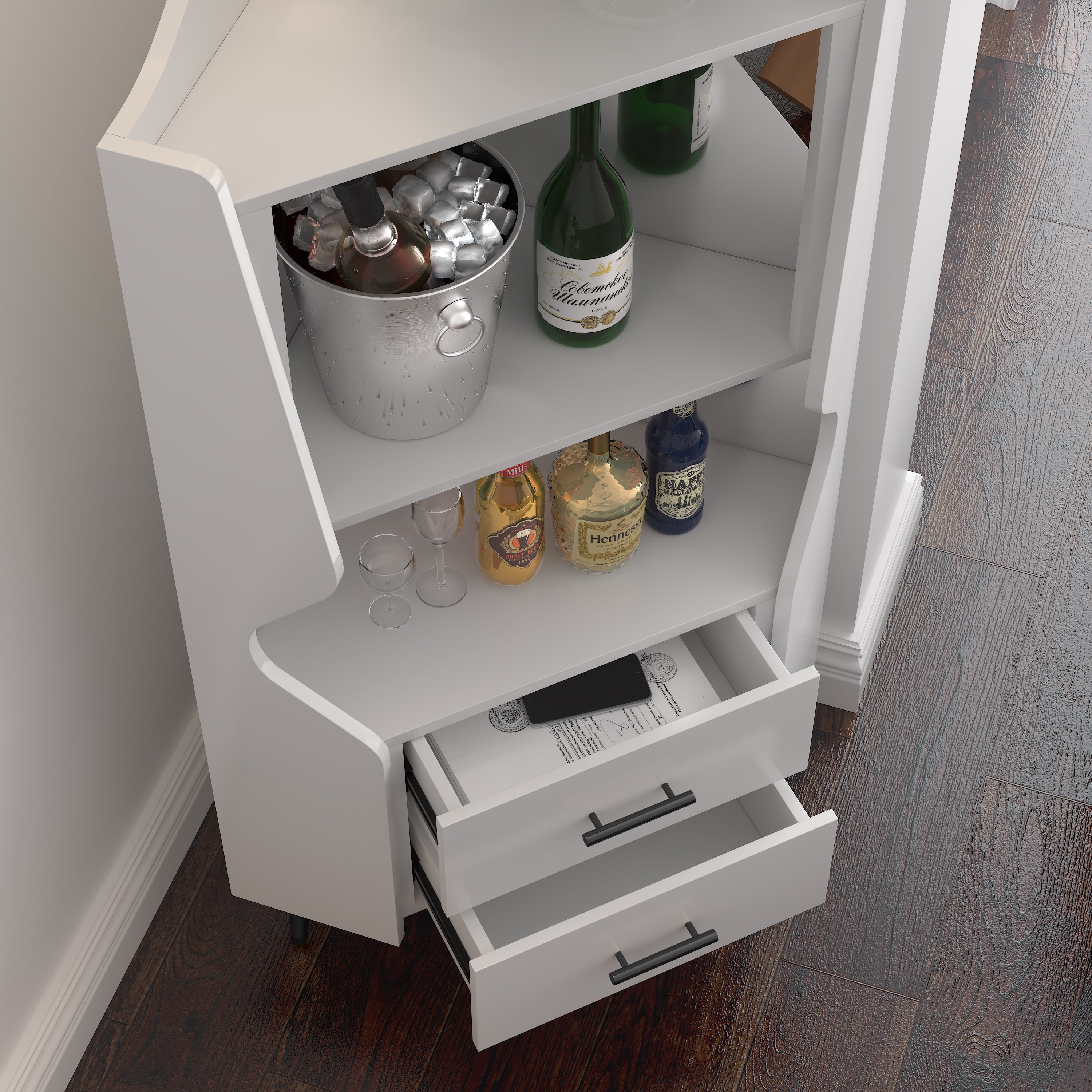 Sailvan Wooden Corner Bar Cabinet with 2 Open Shelves, 2 Drawers & Mirrored