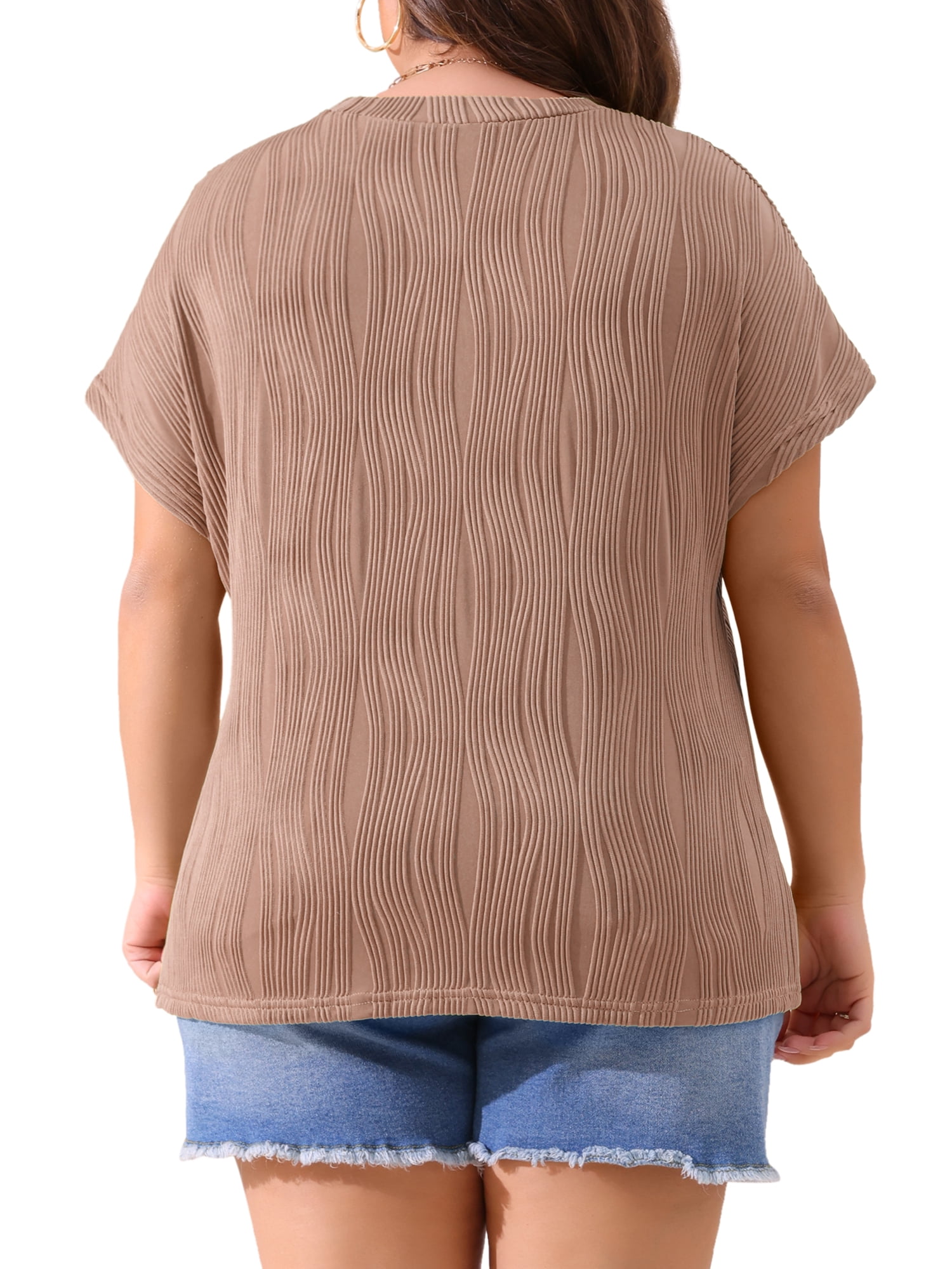 Women's Plus Women's Short Sleeve Textured Tops Crewneck Casual T Shirts 2X Brown