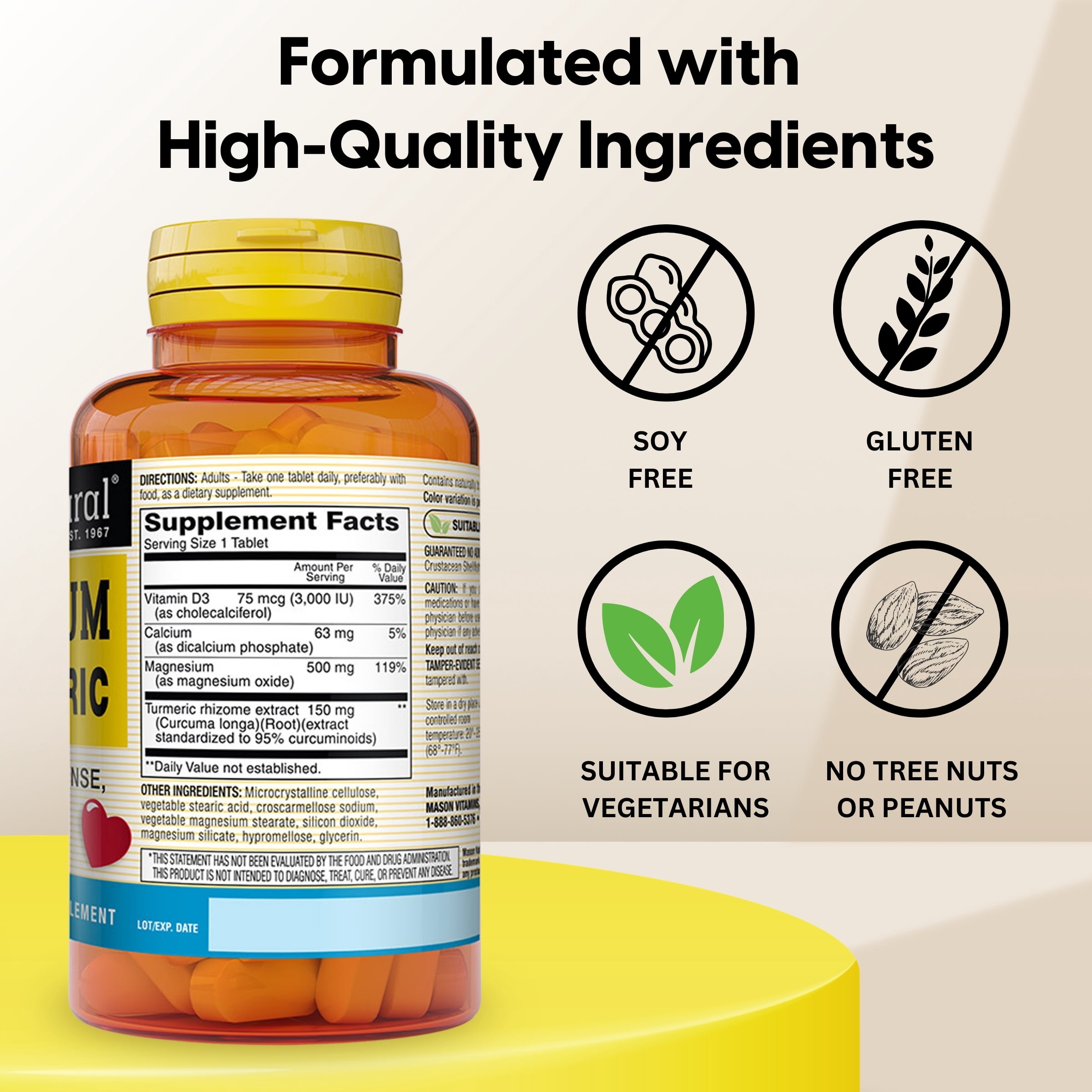 (3 pack) Mason Natural Magnesium & Vitamin D3 Supplement for Nervous & Heart Health, 60 Tabs