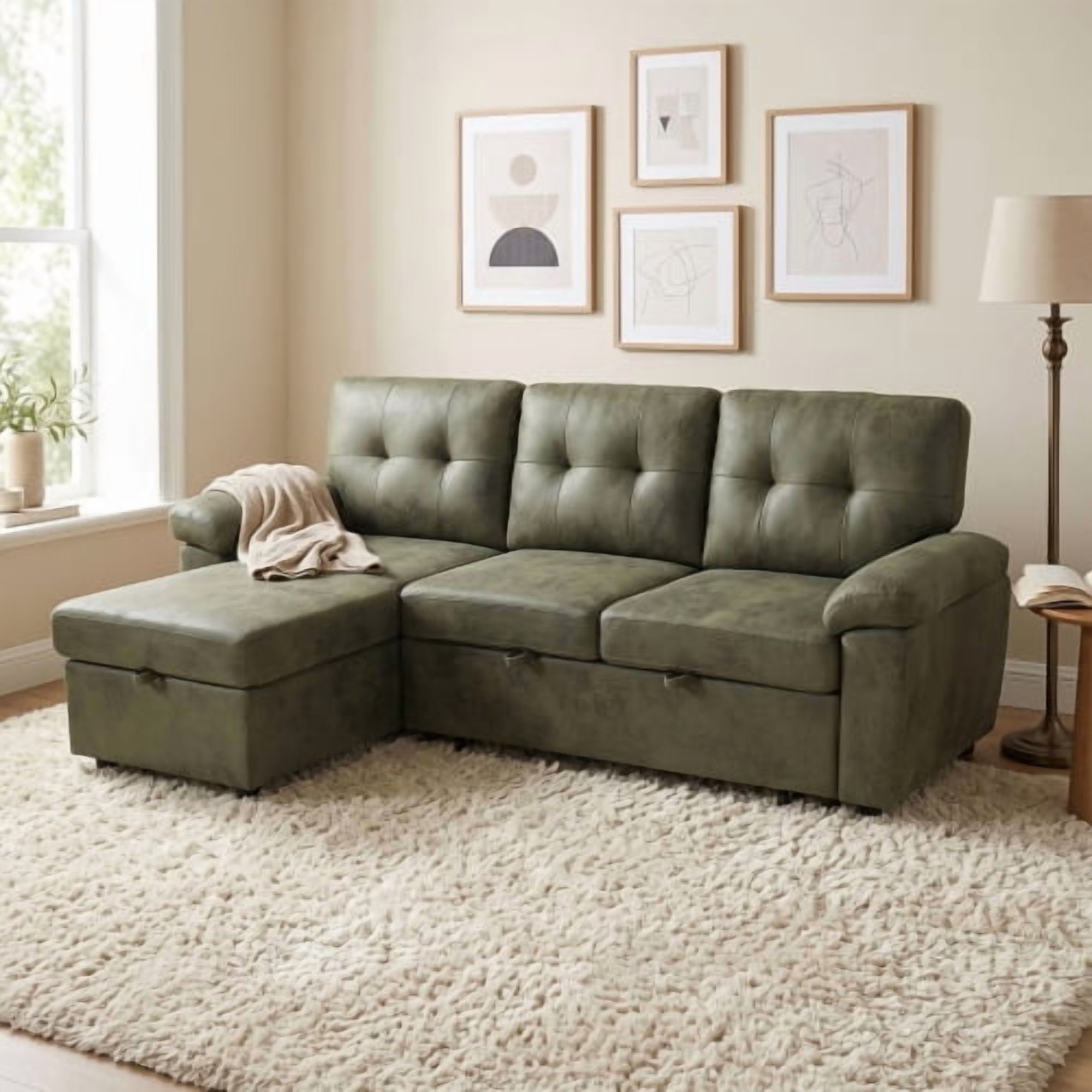 88.5" Convertible L-Shaped Pull-Out Sectional Sofa Bed with Storage Chaise & Soft Padded Armrests, Foil Fabric Upholstery, Olive Green
