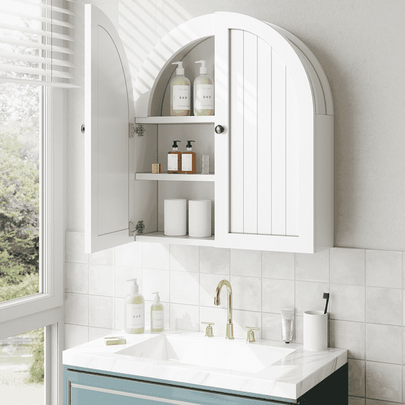 Bathroom Arched Wall Cabinet with Adjustable Shelf，Medicine Wall Mounted Cupboard for Laundry Room Kitchen Living Room, White