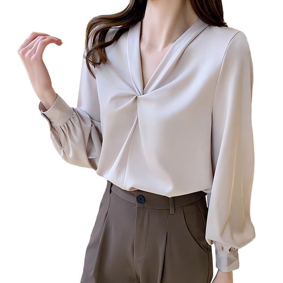 DuoJiaJ Women's Blouse Satin Silk Shirt Button Down Shirt Casual Loose Long Sleeve Office Work Long Edition Blouse Women's Short Sleeve Shirts Beige L