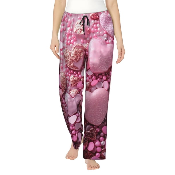 Balery Pink Glitter Heart Candy Pantalones de pijama para mujer, pijamas ultraligeros, pantalones de estar por casa-Small