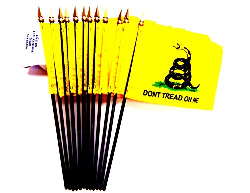 Box of 12 Gadsden Historical Flag 4x6 Miniature Desk & Table Flags Includes 12 Flag Stands & 12 DONT TREAD ON ME Small Mini Stick Flags Made in the USA! 