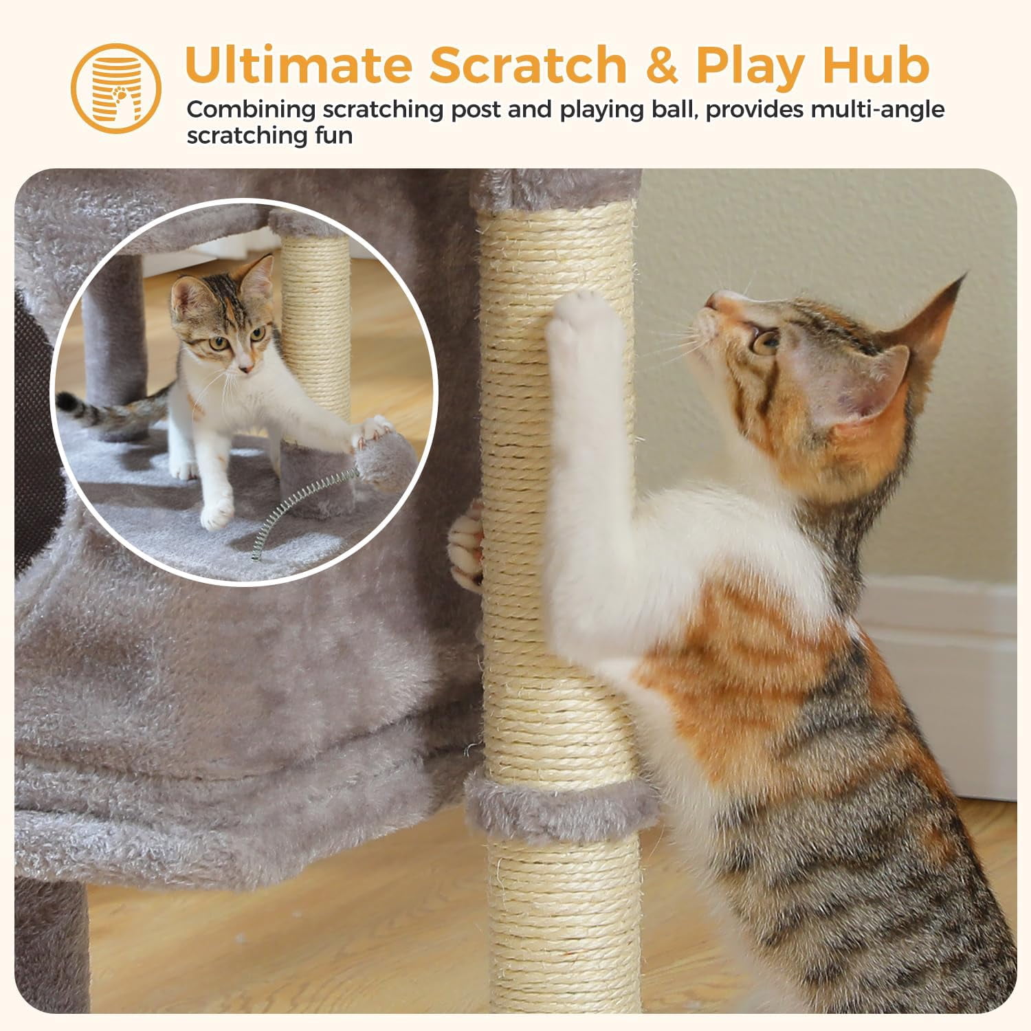Cat Scratching Post Tower with Removable Bed, Play Ball, and Large Top Scratcher Pad for Kittens and Cats