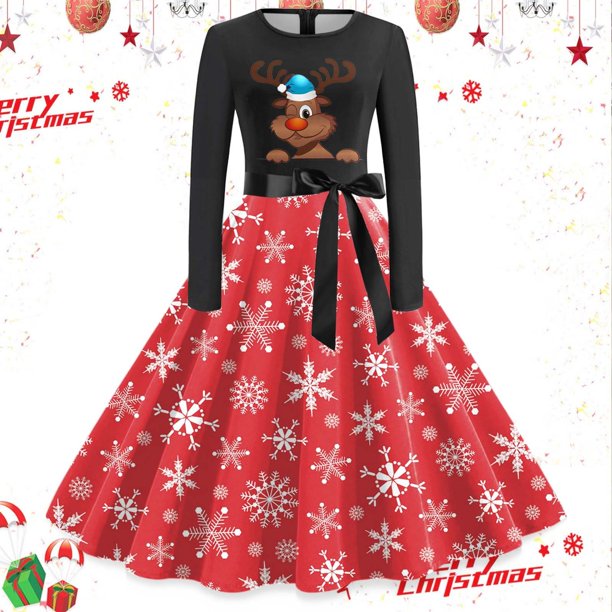 Vestidos Casuales Para Mujer Vestido de Manga Larga Con Cuello Redondo Para Mujer, Vestido de Fiesta de Noche, Graduación, Playa, Navidad, Años 50
