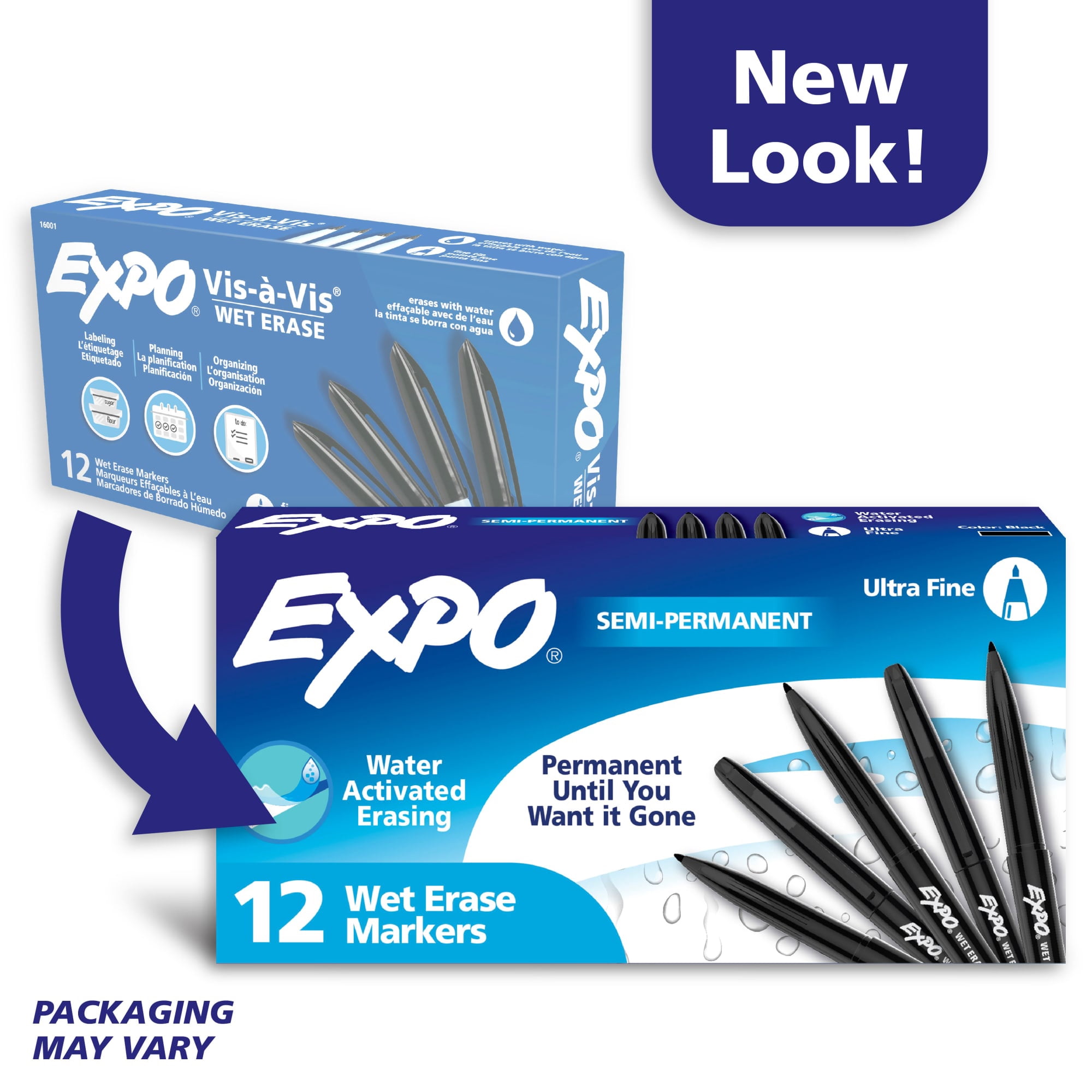 EXPO Vis-a-Vis Wet-Erase Markers,  Ultra Fine Tip, Black, Box of 12
