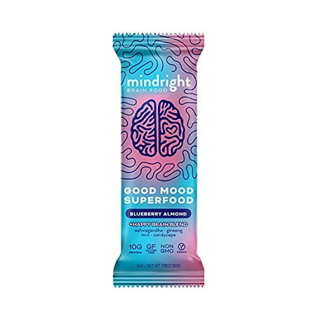 Mindright Blueberry Almond Good Mood Superfood Bar with Vegan Ashwagandha Cordyceps Ginseng MCT Mood Energy Stress Relief Support Pack of 12