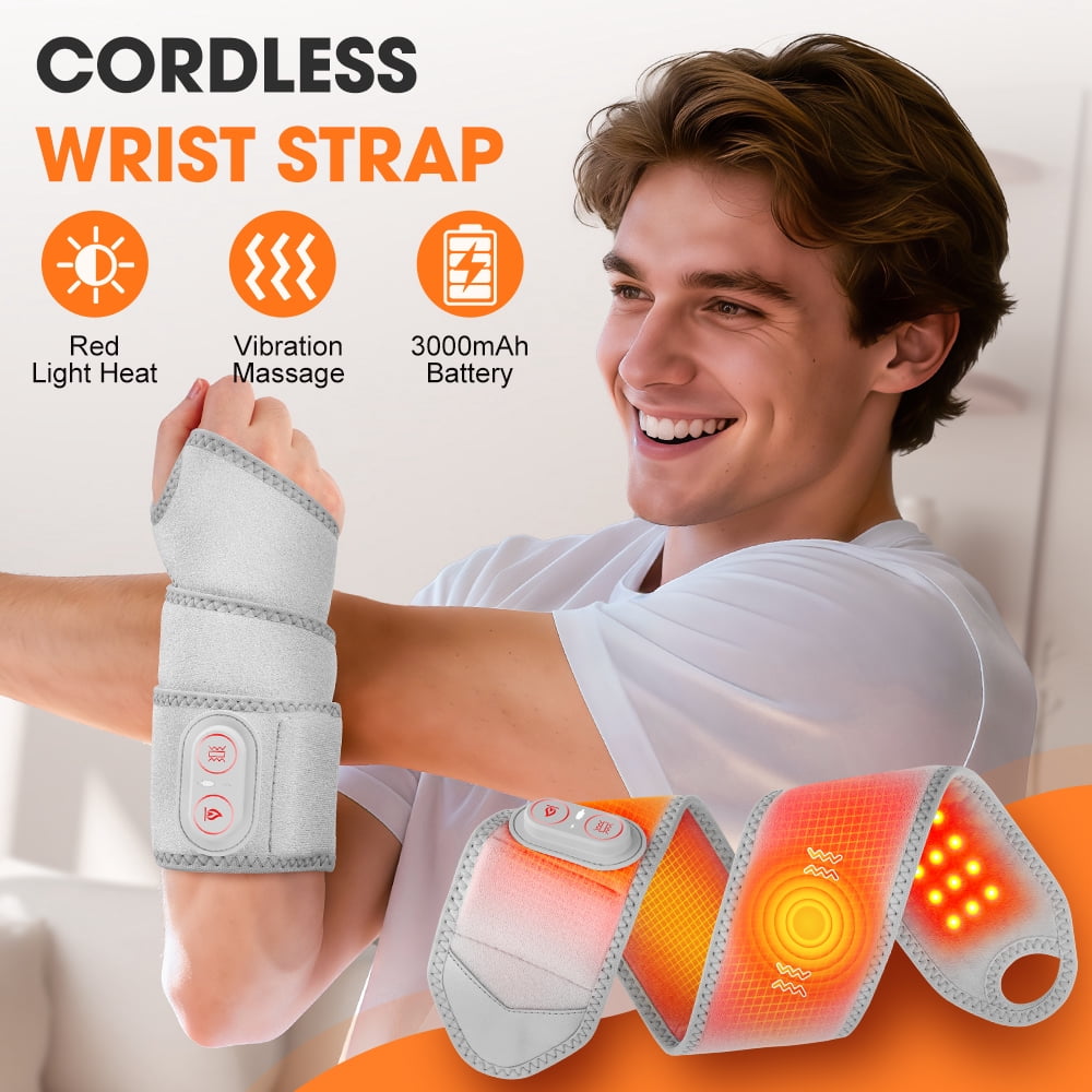 Cordless Wrist Heating Pad Wrap with Vibration,Rechargeable Wrist Brace with Heat,3000mAh Portable Heated Wrist Massager with 3 Heat Levels & 3 Vibration Modes,Adjustable Wearable Wrap for Office