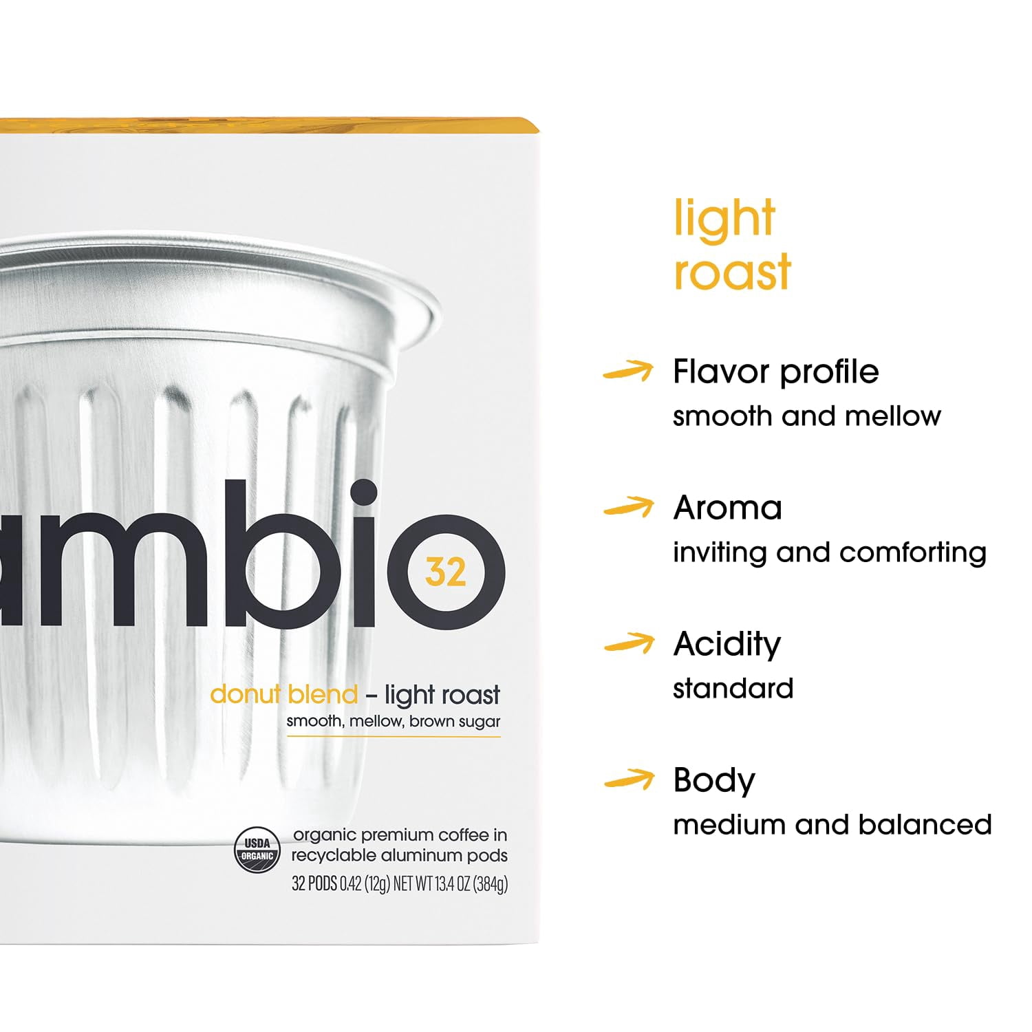 Cambio Roasters Organic Coffee Pods - Donut Blend Light Roast, The Only Organic Recyclable Aluminum Coffee Pods, Small Batch Roasted, Keurig® Compatible, Balanced Flavor, Longer Lasting Freshness, 60