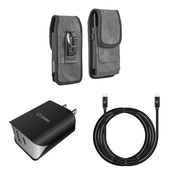 Holster and Wall Charger Bundle for Nokia C200: Vertical Rugged Denim Nylon Belt Pouch Case (Black) and UL Certified 18W Dual USB Port (Type-C & USB-A) Power Adapter