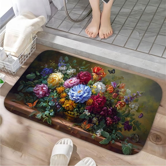 1pc Bouquet of Flowers Absorbent Non-Slip Bathroom Thickened Flannel Rug Decor,Soft,Quick Drying,Suitable For Indoor/outdoor Use,Bathrooms,Bedrooms,Kitchens,Terrace,Laundry Rooms,16"x24"