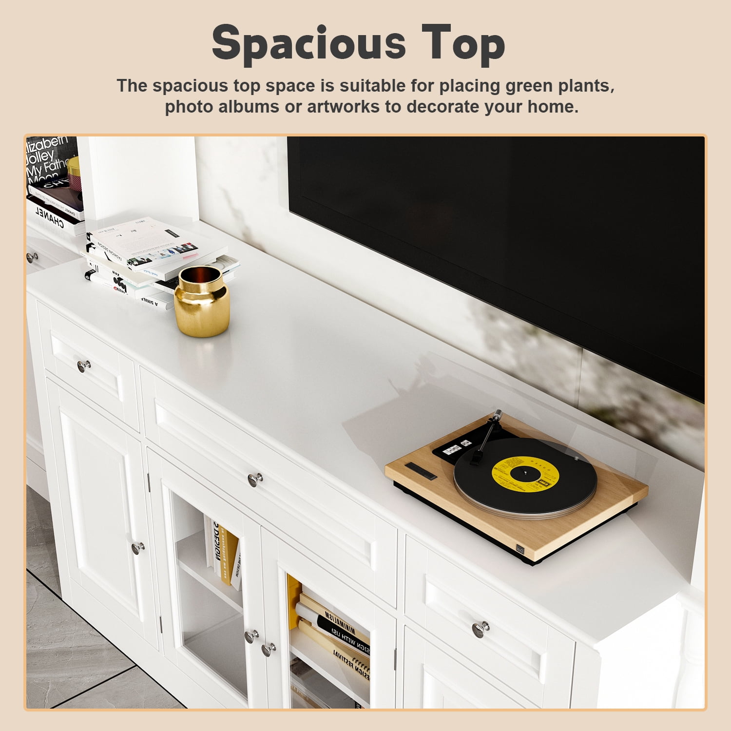 KULAGAGA  104.3"W 4-Piece Entertainment Center Wall Unit Set For TVs Up to 65", Modern TV Stand Large Media Console Cabinet with 13 Shelves, 5 Drawers & Countertop,White