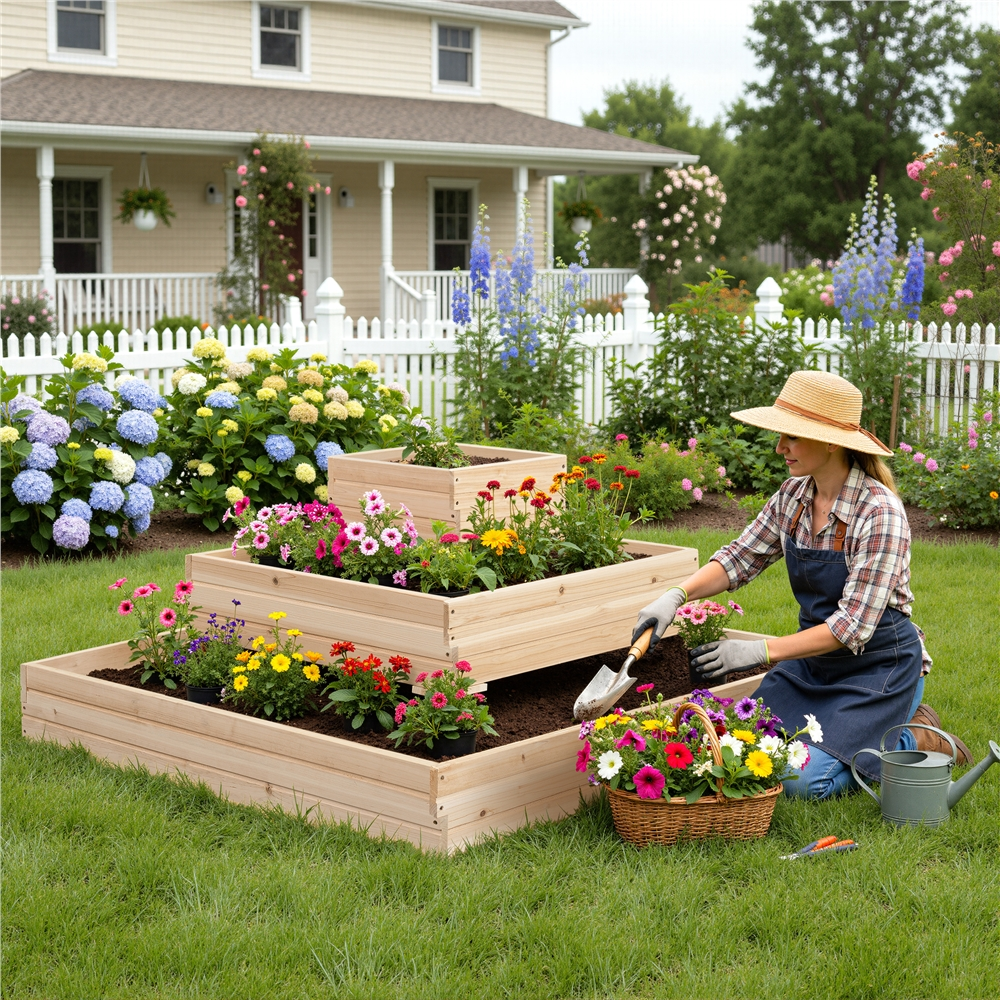 Renwick 3-Tier Open-Bottom Raised Garden Bed for Flowers Herbs Vegetable, Wood