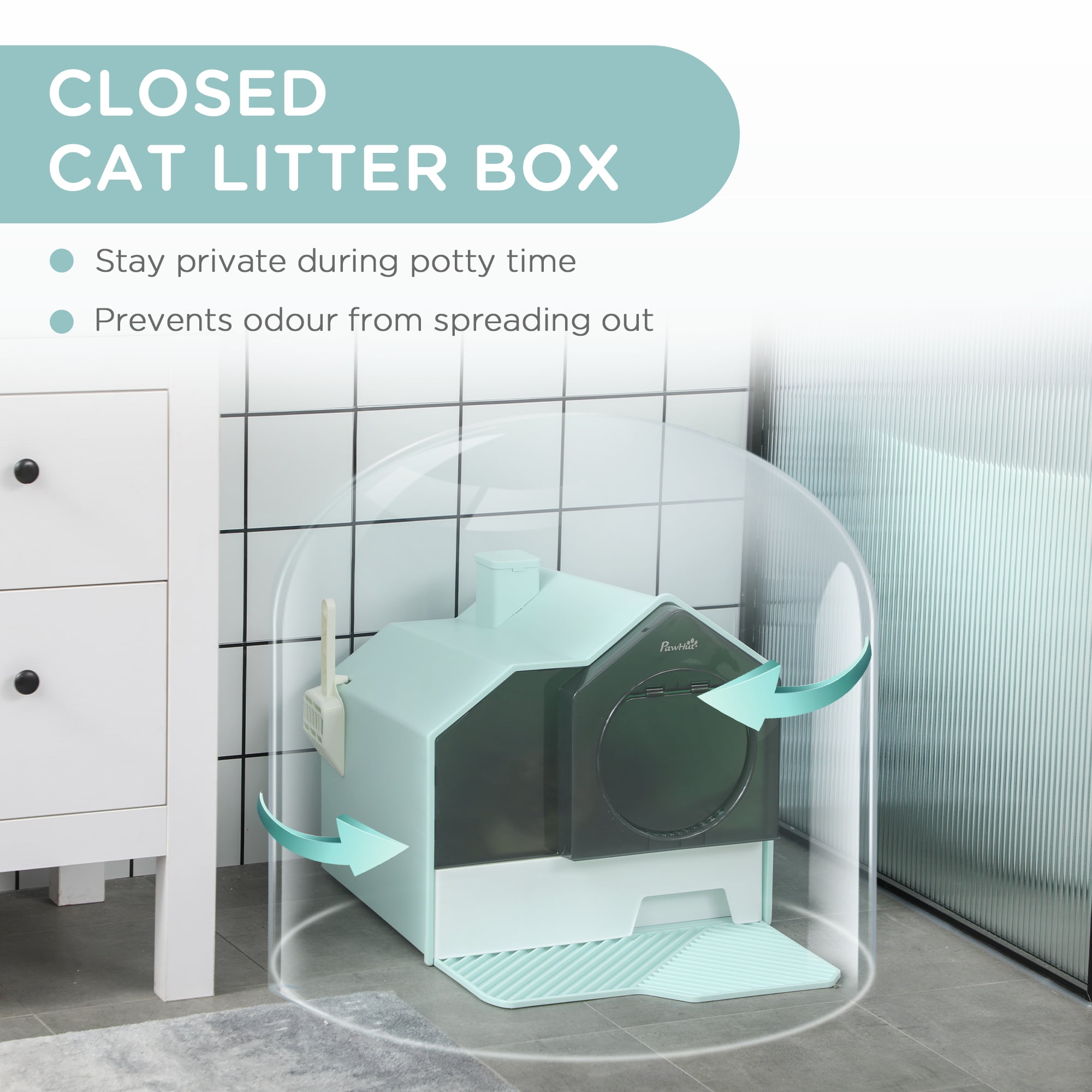 Hooded Cat Litter Box with Litter Mat Odor Control Pull-Out Drawer Handle Scoop Enclosed Kitty Litter Pan Light Blue