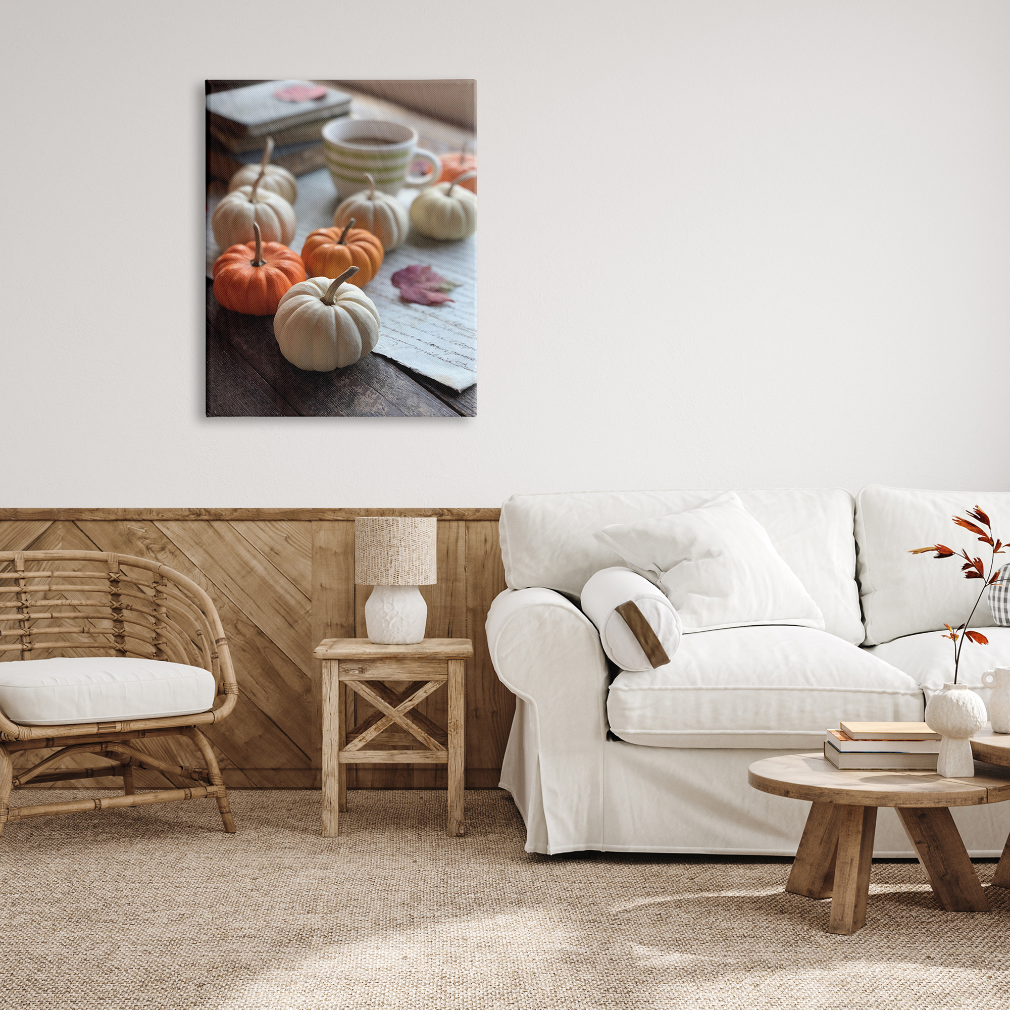 Cozy Pumpkins Scattered Leaves Coffee Mug Photography Botanical & Floral Photograph Gallery-Wrapped Canvas Print Wall Art