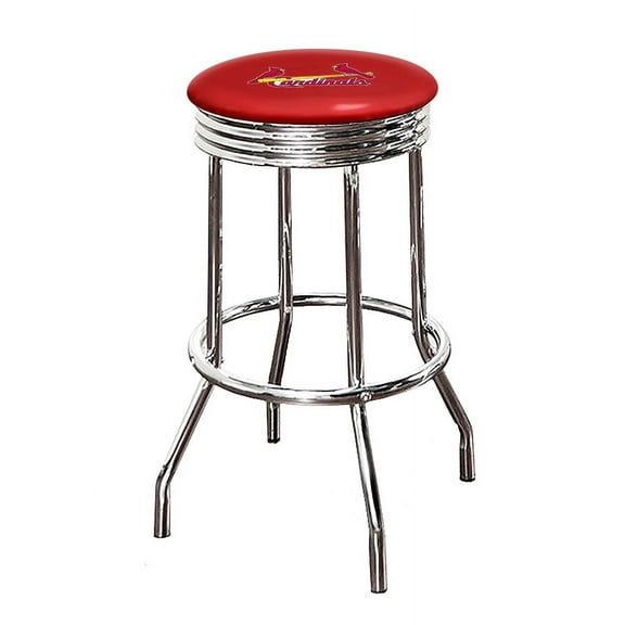 The Furniture King Bar Stool 24" or 29" Tall Backless Chrome Metal Stool Featuring Your Favorite Baseball Team Logo on a Colored Vinyl Swivel Seat Cushion - Cardinals on Red