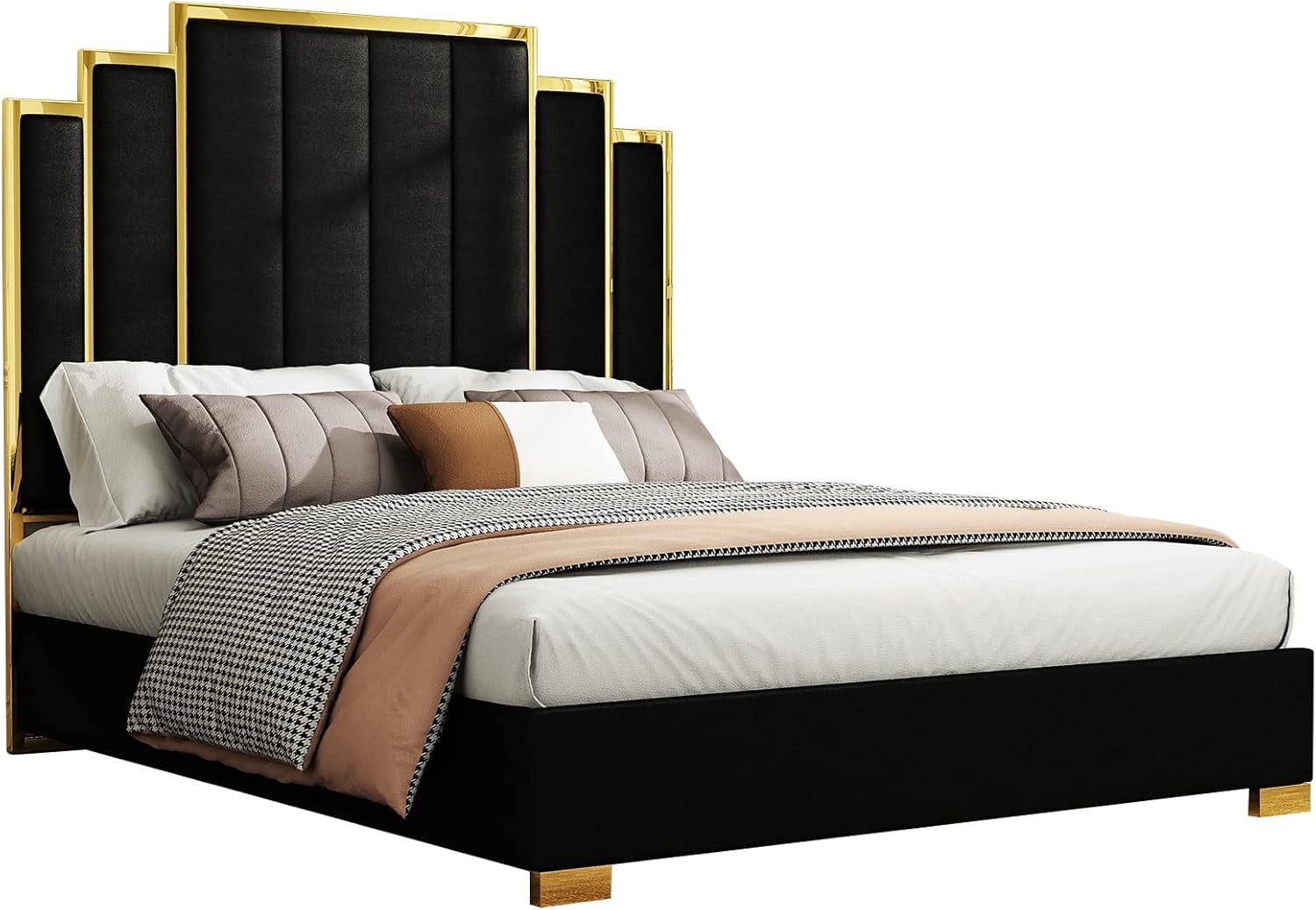 VanAcc Queen Size Platform Bed Frame, 61.4" Velvet Upholstered Bed: with Gold Trim Headboard/Wooden Slats/No Box Spring Needed/Black