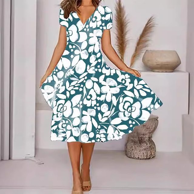 Puntoco Vestido De Manga Corta Con Cuello En V, Vestido Largo Con Cuello En V Y Cintura De Manga Corta Con Estampado De Posicionamiento De Moda Para Mujer Verde Xl