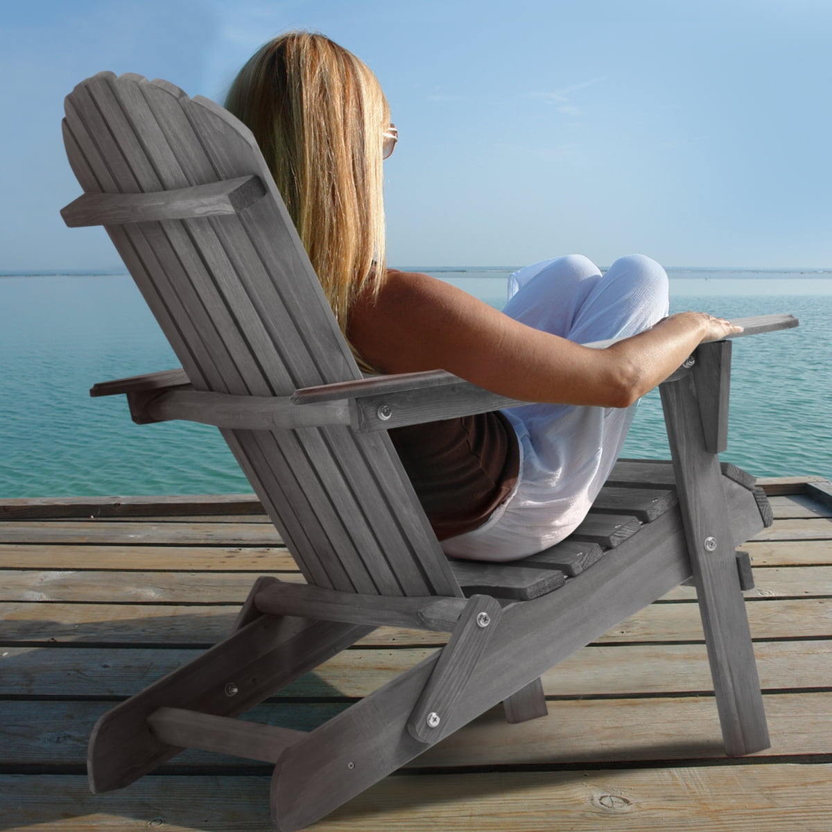 Solid Wood Folding Adirondack Chair Set of 2, Outdoor Wooden Lounge Patio Chair with Tall Backrest & Wide Armrests, Foldable Garden Chair for Lawn Backyard, Gray