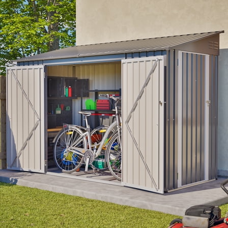 4 x 9 ft Metal Lean to Storage Sheds with 2 Doors, Outdoor Storage Shed W/lockable Door, Floor Frame & Air Vents, All Weather Waterproof Garden Tool House for Backyard, Patio, Lawn, Gray