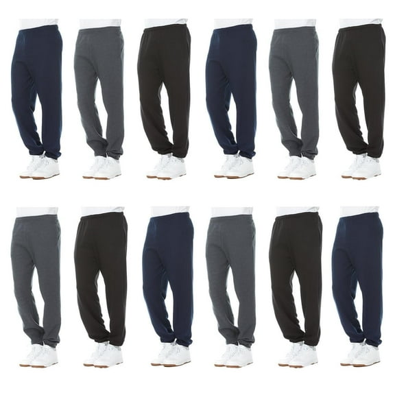 SOCKS'NBULK 12 Pack Wholesale Mens Jogger Sweatpants, No Pockets, No Drawstring, Homeless Shelter Donation, Comfy Bulk Joggers for Men, Gray Black Navy Blue (Large)