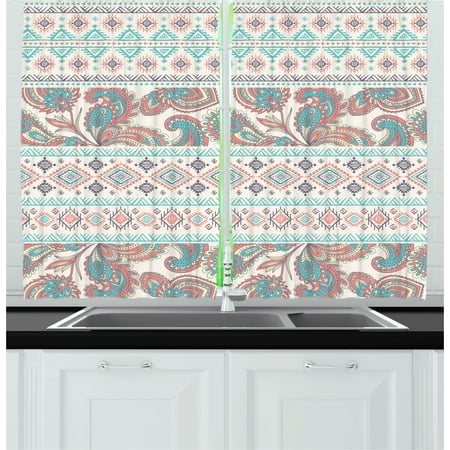 - Tribal Curtains 2 Panels Set, Paisley Patterns in Native Aztec in Mixed Pattern Floral Ethnic Design, Window Drapes for Living Room Bedroom, 55W X 39L Inches, Cream Aqua and Coral, by Ambesonne